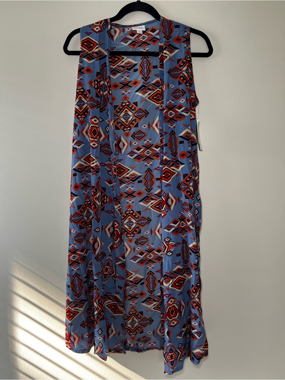 LuLaRoe Joy Blue w/ Geometric Print Longline Vest